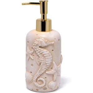 Soap Dispenser  Eco-Resin Relief with Gold Pump, Coastal Bathroom Vanity & Nautical Kitchen Sink Decor (Sea Horse)