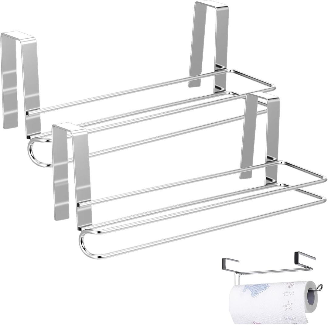 2 Pcs Stainless Steel Paper Towel Holders, Kitchen Roll Paper Holder with Double Hook Single Bar Under Cabinet for Bathroom Kitchen Under Cabinet Over Door