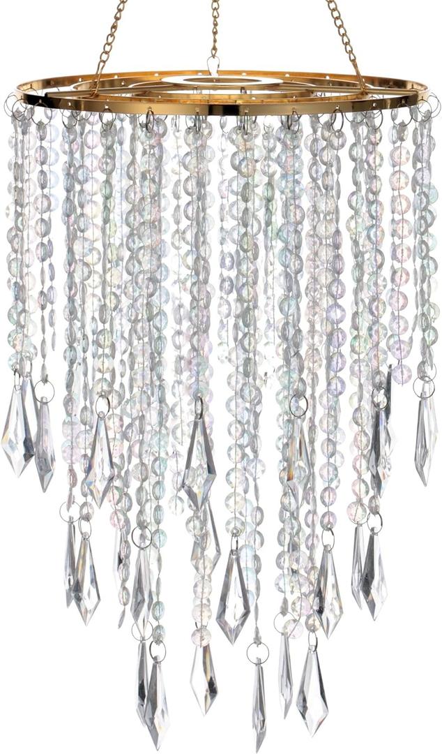 Acrylic Chandelier Ceiling Light Shade Beaded Hanging Pendant Lampshade with Gold Frame for Bedroom for Wedding Party H12.9" X W8.7" 3 Tiers