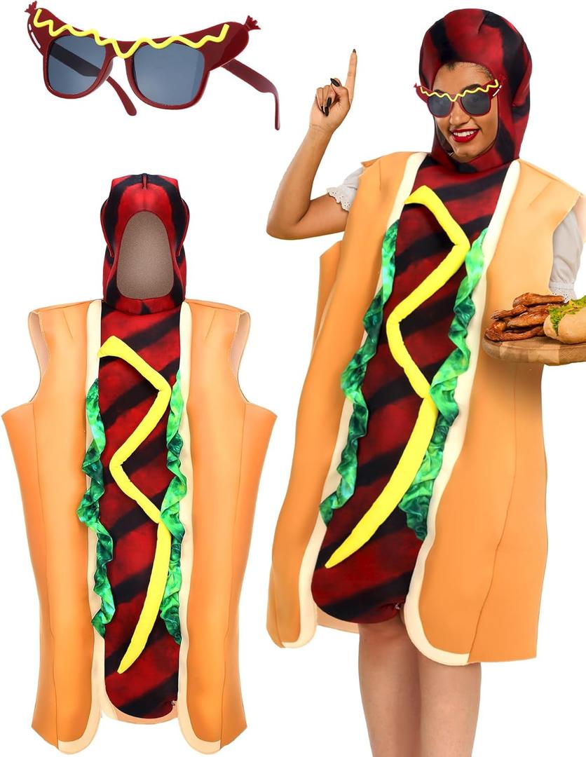 2 Pcs Halloween Hot Dog Costume with Funny Makeup Glasses Unisex Adult Hotdog Costume Fancy Dress for Cosplay Carnival Party XS
