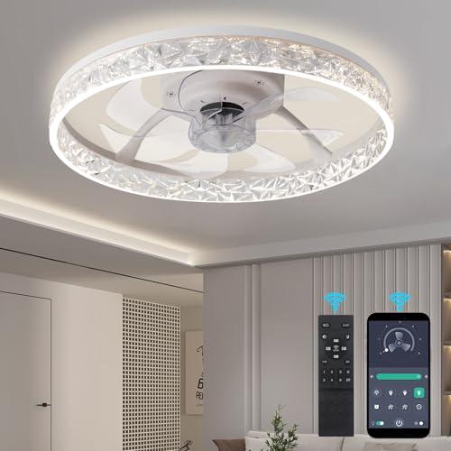 Hrtghzir 20" Ceiling Fans with Lights and Remote, Low Profile Fandelier Ceiling Fan, 3000-6000K Dimmable Modern Smart Flush Mount LED Blade Fan Light, 6 Wind Speeds for Bedroom, Living Room (White)