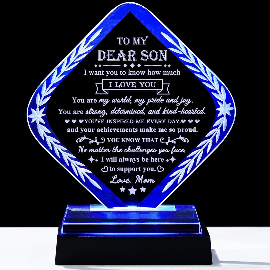YWHL Meaningful Son Gifts from Mom, Crystal Birthday Gifts for Son with Colorful Led Base, Inspirational Graduation Gifts for Adult Son, to My Son Gifts for Fathers Day Christmas