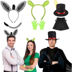 Skicuff 3 Sets Halloween Trio Costume Cosplay Accessories Green Ogre Ear Headband and Glove Donkey Headband and Tail Puss Cat Boots Hat with Cloak Family Halloween Costumes for 3 Dress up Accessories
