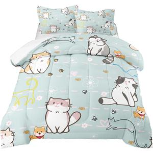 Cat Bedding Set Twin Size, Cartoon Cats Comforter for Girls Kids Teens, Blue Lovely Quilt Animal Pattern Comforter Set Soft Breathable Cute Duvet Set for All Season 2Pcs with Pillowcase (Ac1)
