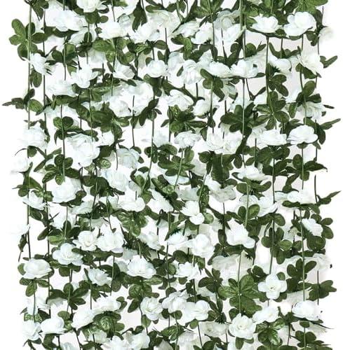 KHOYIME 9 Pack 72 FT Artificial Flower Garland, Fake White Roses Vines Silk Flowers Faux Plastic Outdoor Hanging Floral Ivy Garland Decoration for Wedding Arch Bedroom Home Wall Backdrop Room Decor