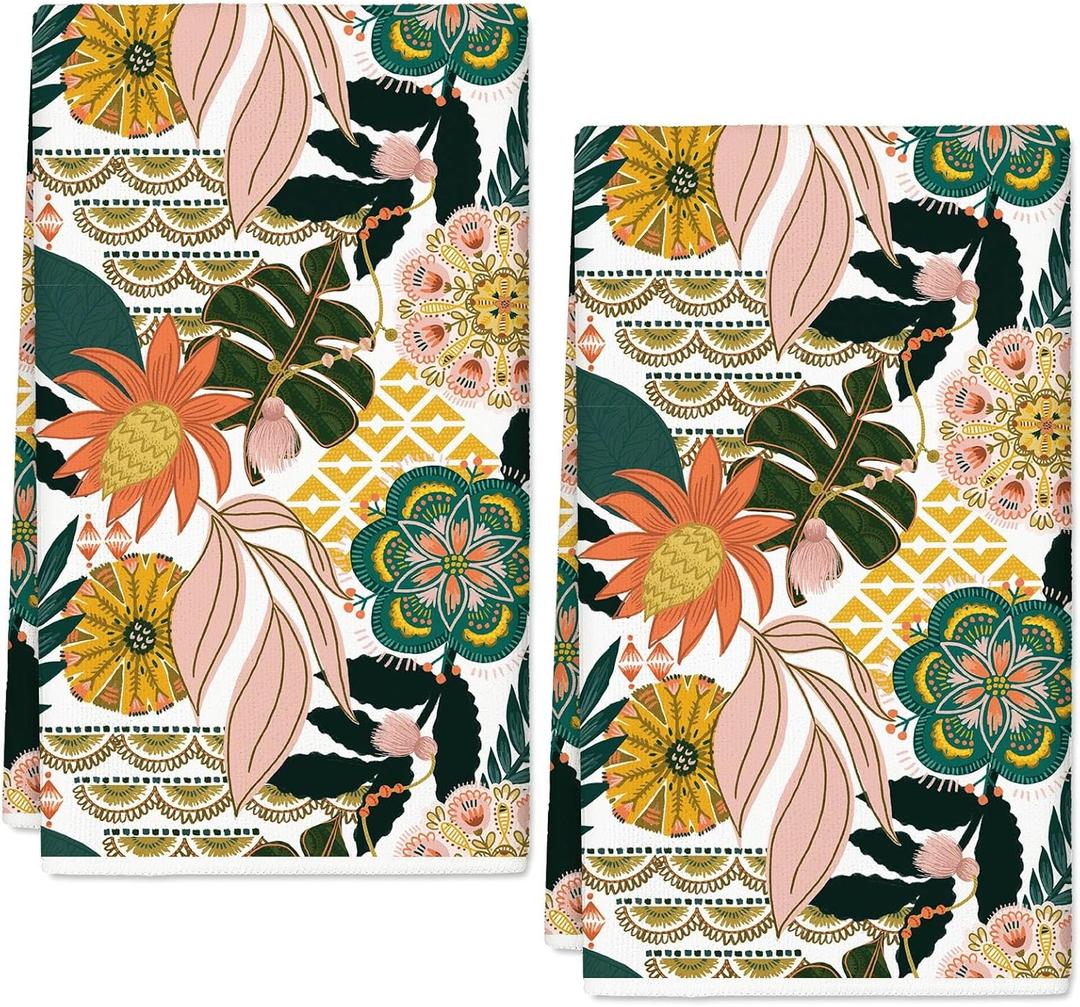 Boho Floral Kitchen Towel Vintage Flower Dish Towel 18 x 28 Inch Hand Drying Tea Towel for Cooking Baking Party Supplies, 2Pcs