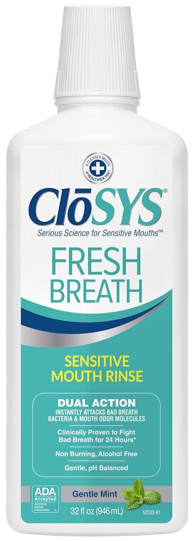 CloSYS Sensitive Mouthwash, 32 Ounce, Gentle Mint, Alcohol Free, Dye Free, pH Balanced, Helps Soothe Mouth Sensitivity, Fights Bad Breath (32 Fl Oz (Pack of 1))