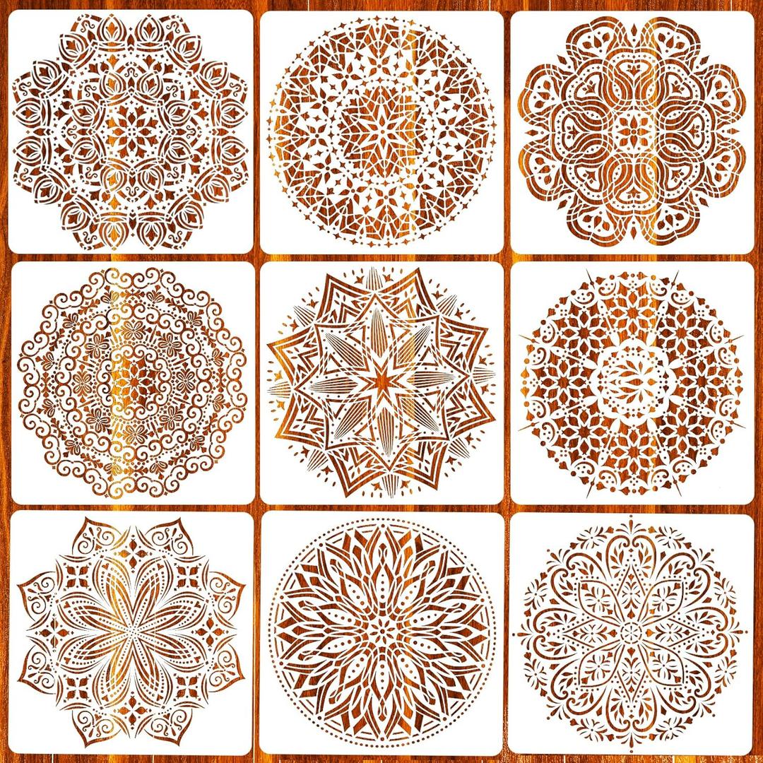 9 Pack 12x12'' Mandala Stencils for Painting on Wood, Floor, Wall, Tile Fabric, Reusable Furniture Stencils Painting Template