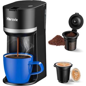 Small Single Serve Coffee Maker for K Cup and Grounds, Fast Brew One Cup Coffee Machine with 12 Oz Reservoir, Compact Size for Home Office RV and Travel, Black