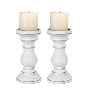 Candle Holder for Pillar Candle Set of 2, Farmhouse Wood Candle Holder, Rustic Wooden Candle Stand, Vintage Wooden Candlestick Holders Decorative for Living Room, Table Centerpiece, Antique White