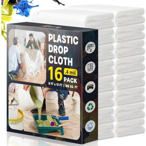 Plastic Drop Cloths for Painting, 9x12 Ft Extra Large Painting Supplies, Plastic Sheet Dust Cover for Furniture, Floor, Couch Protector (16-Pack)