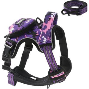 No Pull Dog Harness for Medium Dogs, Adjustable No Choke Pet Vest with Dog Leash Fit Smart Reflective Pet Walking Harness for Training Easy Control Soft Handle Purple Camo, M