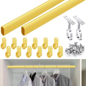 Tandefio Chrome Closet Rod 92 Inch with Oval Closet Rod 6 End Supports for Laundry Room Hanging Clothes Waterproof Shower for Curtains (Gold,2 Sets)