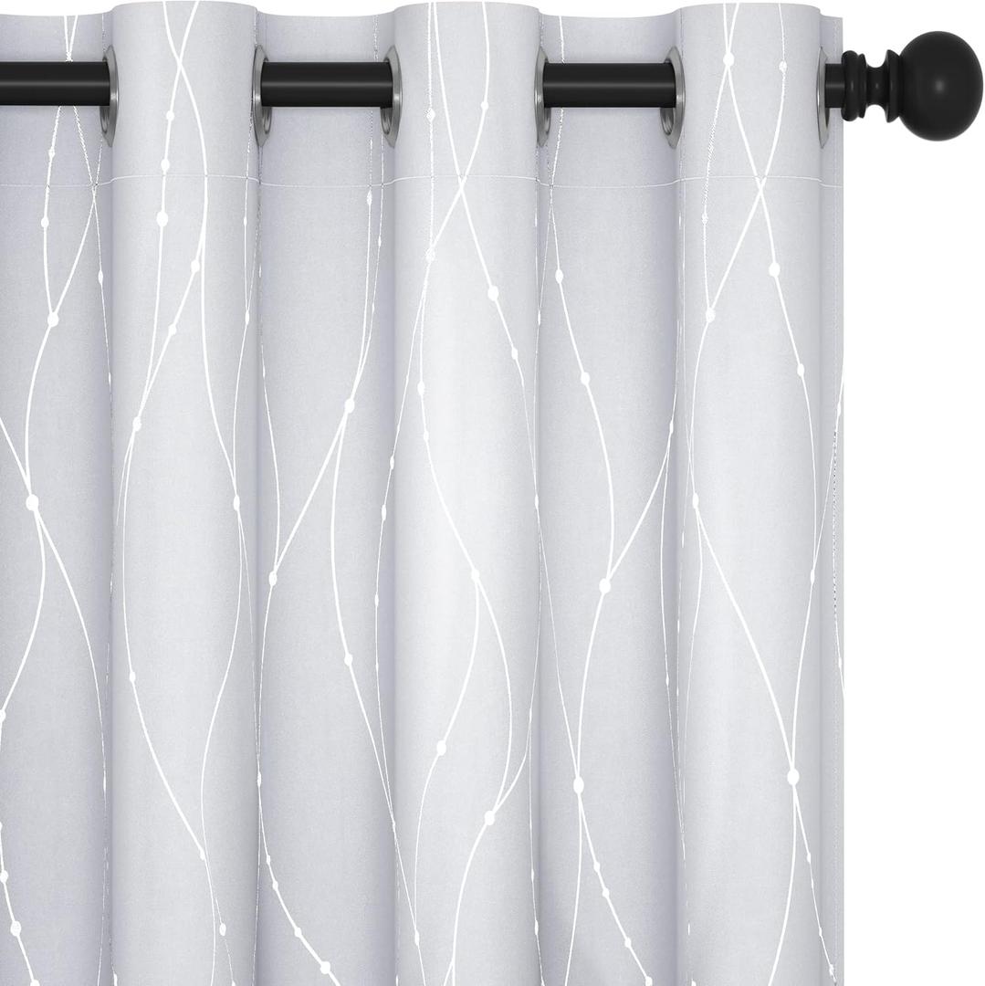 Deconovo Room Darkening Curtains, Greyish White Curtain, Thermal Insulated Noise Reduced Drapes, Silver Wave Dots Print, 52 x 63 Inch Long, Machine Washable Window Panels for Kitchen Bedroom, Set of 2