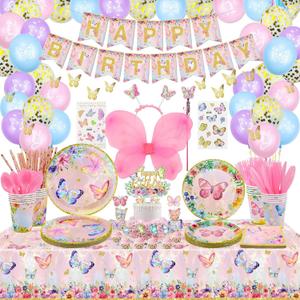 233 PCS Butterfly Party Decorations - Butterfly Balloons, Banner, Cake Topper, Fairy Wing, Tattoo, Stickers, Plates, Napkins, Cups, and Tablecloth for Girl Women Birthday Supplies, Serves 20 Guests