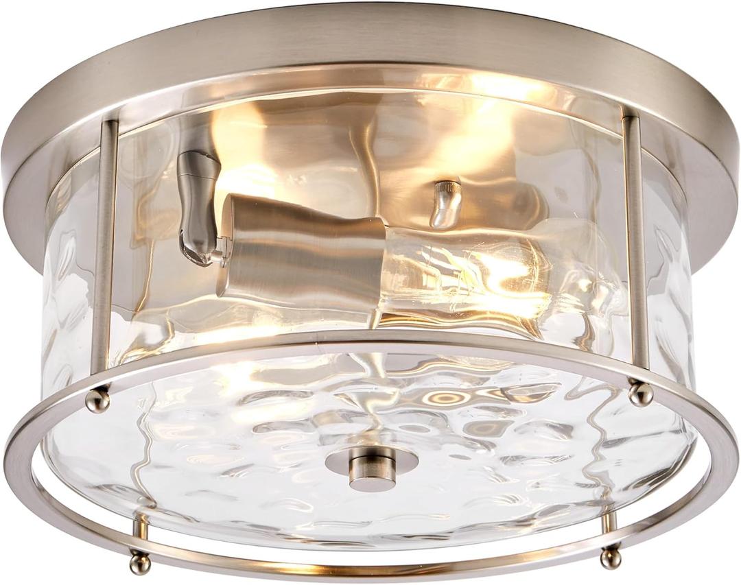 Krychiler Farmhouse Flush Mount Ceiling Light, 2-Light Close to Ceiling Lighting Fixture with Hammered Glass for Living Room Hallway Bedroom Dinning Room (Nickel, 11.8 inch)