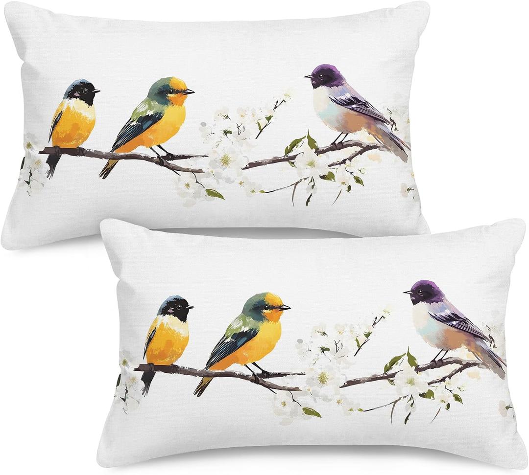 Decorative Lumbar Throw Pillow Covers Set of 2, Double-Sided Design 12 x 20 Inch Indoor Outdoor White Linen Watercolor Birds Cushion Cases, Fit Sofa Couch for Home Patio and Garden Decoration