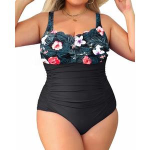 Aqua Eve Womens Plus Size One Piece Swimsuit- Tummy Control Bathing Suit Full Coverage Swimwear (Floral and Black, 14W)