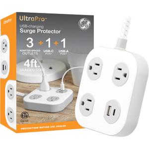 GE UltraPro 3-Outlet Surge Protector with 4ft Braided Cord, Power Strip, Extension Cord, Flat Plug, 1 USB-A & 1 USB-C Port, 245 Joules, for Home School & Office, Charging Station, White  81786