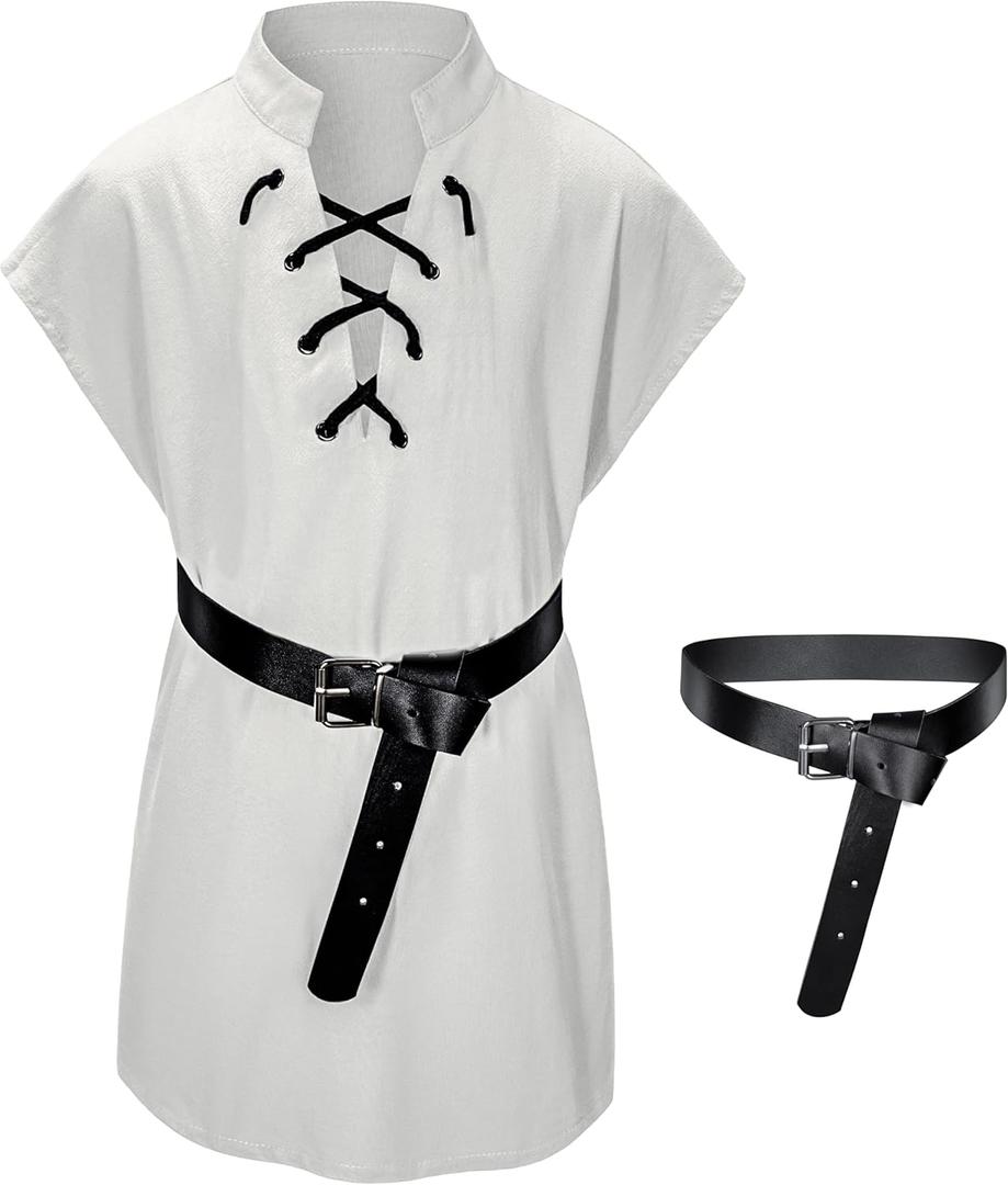 Kids Medieval Viking Tunic Pirate Renaissance Retro Costume Shirt witn Belt for Boys Halloween Cosplay 12-14 Years White
