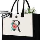 Initial Canvas Tote Bag, Personalized Birthday Gifts for Women Mom Friends Teachers, Monogrammed Tote Bags Suitable for Mother's Day Wedding Beach (Letter R)