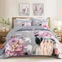 Drucon Floral Quilt King Size - 3 Pieces Grey Quilt Botanical Bedspread Soft Lightweight Flower Bedding Set for All Season (104"x90")