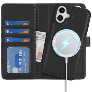 Zouzt Case for iPhone 16 6.1 Inch, 2 in 1 Detachable Wallet with Card Holder for MagSafe Magnetic Wireless Charging Premium PU Leather Flip Folio Kickstand Shockproof Cover Women Men, Black