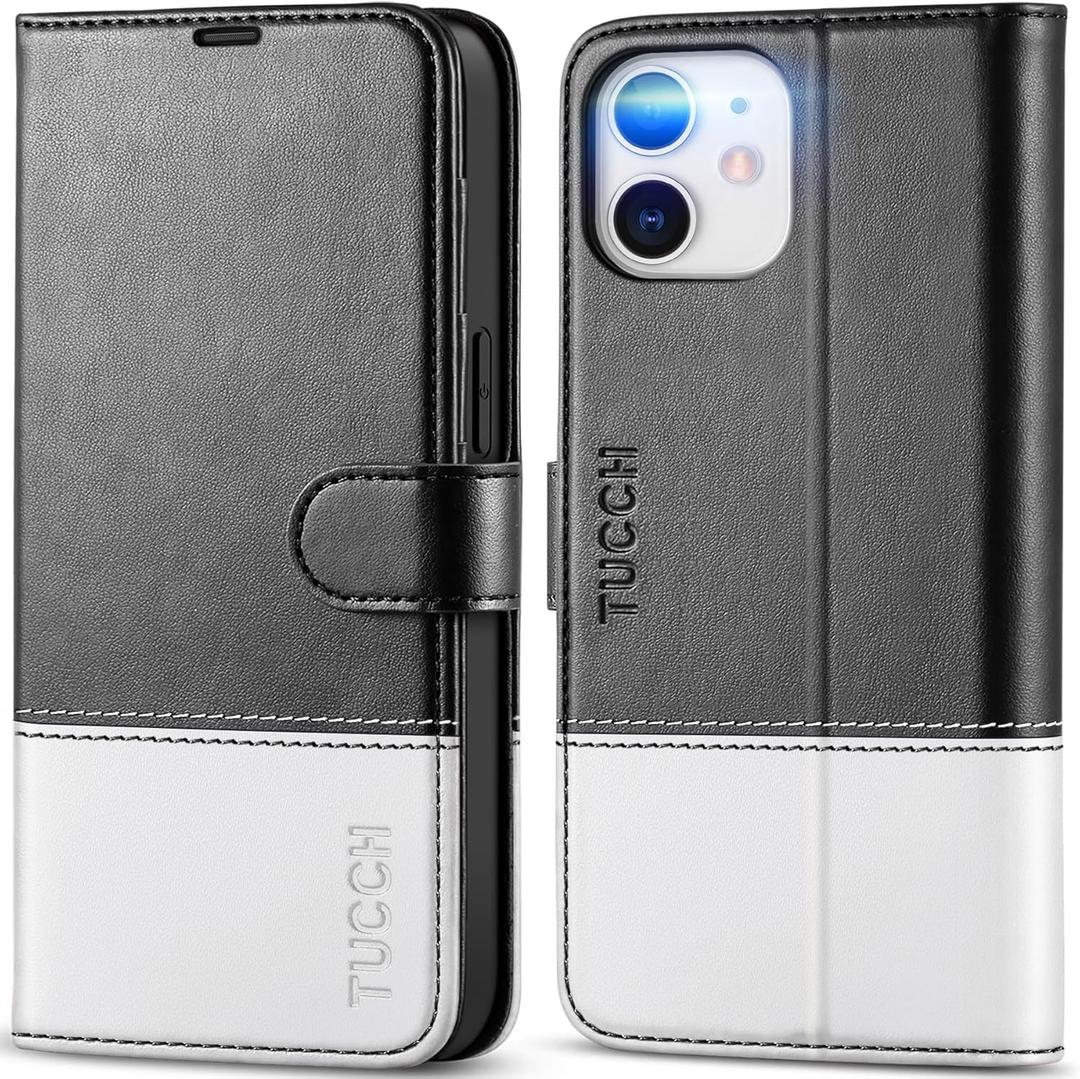 TUCCH Wallet Case for iPhone 12 Pro/iPhone 12 5G, [TPU Shockproof Inner Shell], PU Leather RFID Blocking Card Holder Magnetic Stand Cover Compatible with iPhone 12/12 Pro 6.1-inch, Black & White