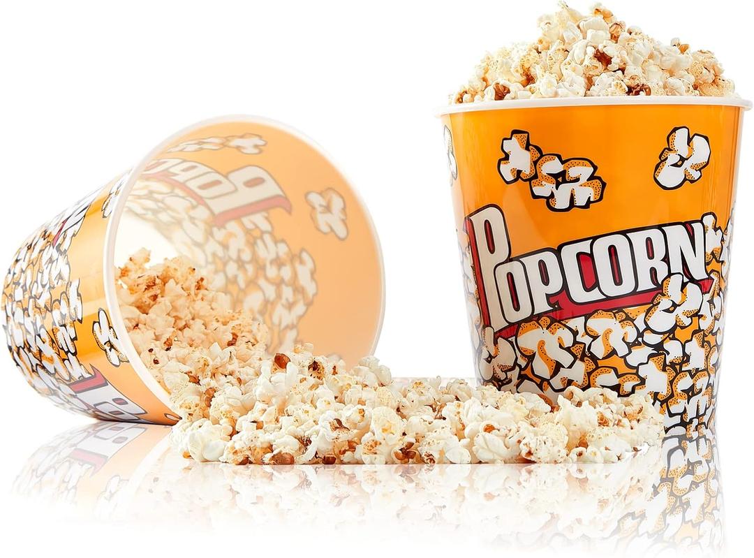 RAYMEA Plastic Popcorn Containers Retro Style Reusable Popcorn Buckets for Movie Night 7.1x7.1x5.1 - 2 Pack