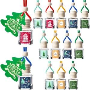 Boao 15 Pcs Christmas Employee Appreciation Gifts Hanging Car Air Freshener Diffuser Bottles Bulk Empty Perfume Glass Bottle Pendant with Christmas Tree Cards & Stickers for Essential Oil Fragrance