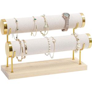 ProCase Bracelet Holder Display Bracelet Organizer Stand, Gold Detachable Bangle Storage Rack for Selling, Velvet Wrap Watch Holder with Wooden Base for Women Girls, Business Supplies - 2 Tier, Beige