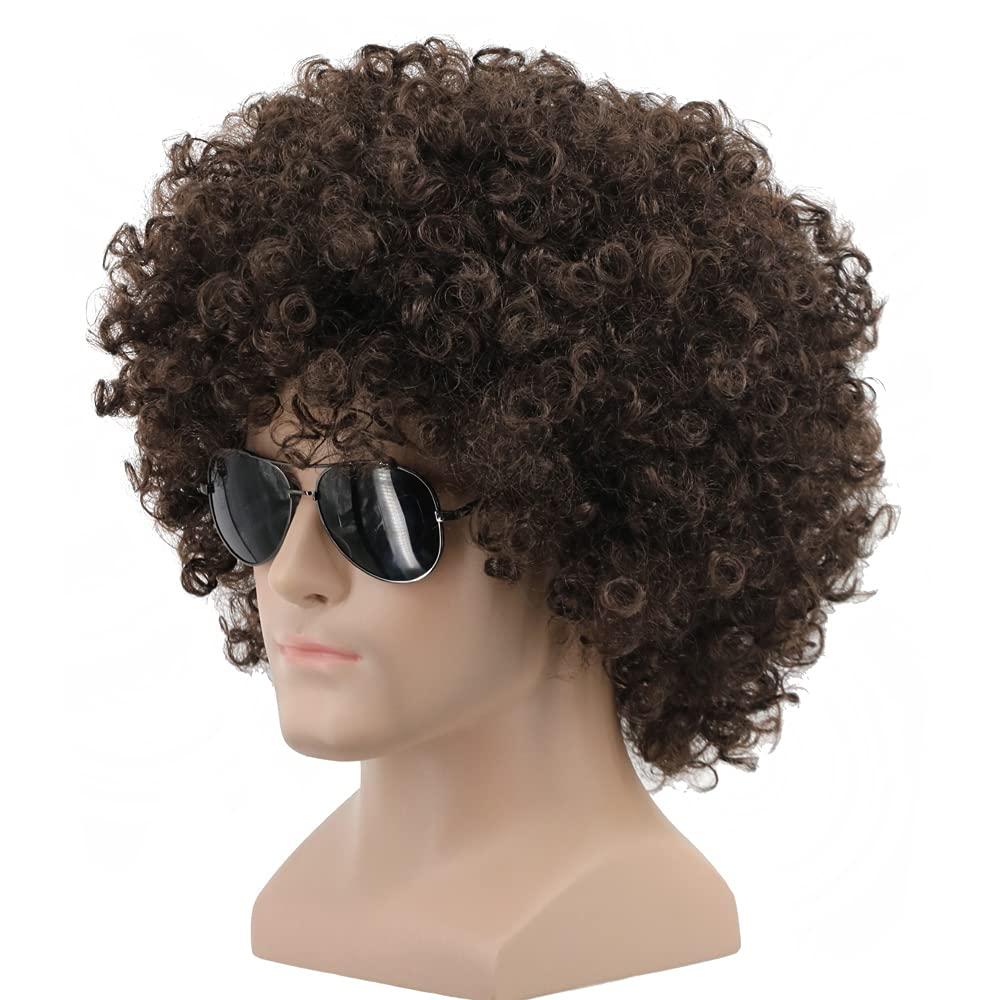 Yuehong Short Fluffy 70s 80s Disco Afro Wigs Synthetic Anime Cosplay Fancy Funny Wigs for Unisex Men Women (Dark Brown)