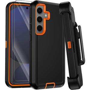for Samsung Galaxy S24 FE Case with Belt Clip Holster,[2 Screen Protector & Kickstand] Heavy Duty Rugged 3-Layer Military Grade Drop Protection Case,Shockproof Protective Phone Cover (Black/Orange)