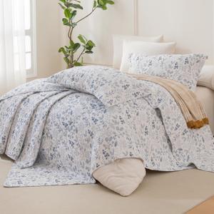 Lady Ann Oversized King Quilt Bedspreads 128x120,Cotton Blue and White Floral & Leaves Pattern California King Size Quilt Bedding Set Extra Large Lightweight Quilted Bedding Coverlet Set 3Pcs, Oversized King Plus