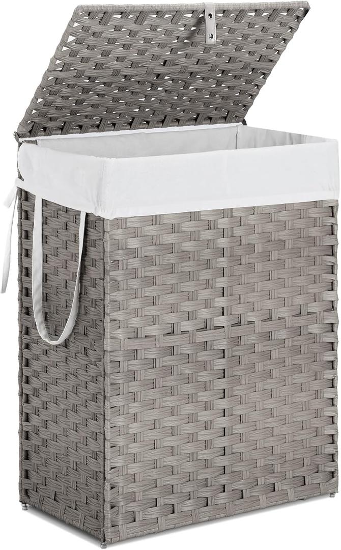 90L Laundry Hamper with Lid, Hand-Woven Pp Rattan Laundry Basket with Compartments & Handles, Removable Liner Bags,Foldable, Narrow Dirty Clothes Basket, Grey
