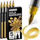 ARTISTRO 5 Gold Paint Pen for Rock, Glass, Ceramic, Wood, Tire, Fabric, Metal, Canvas, Marking, Painting - Set of 5 Acrylic Paint Markers Water-based - Brush Tip with Automatic Ink Control System