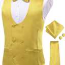 Hi-Tie Mens Satin Suit Vest for Men Silk Double Breasted Formal Suit Vest Pretied Bowtie Tie Handkerchief Cufflinks (Yellow)
