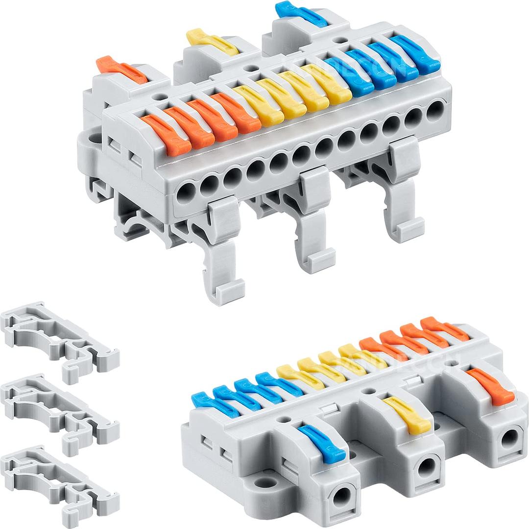 4pcs DIN Rail Terminal Blocks, DIY Splicing Wire Connectors for Circuit Inline 28-12AWG (3 in 12 Out)