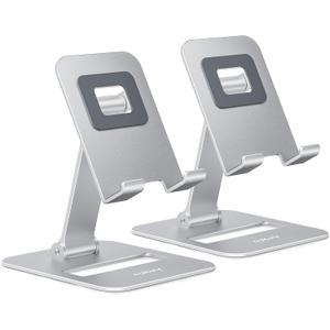 Nulaxy 2 Pack Dual Folding Cell Phone Stand, Fully Adjustable Phone Holder for Desk, Compatible with iPhone 16 15 14 13 12 11, Nintendo Switch, All Phones, Silver