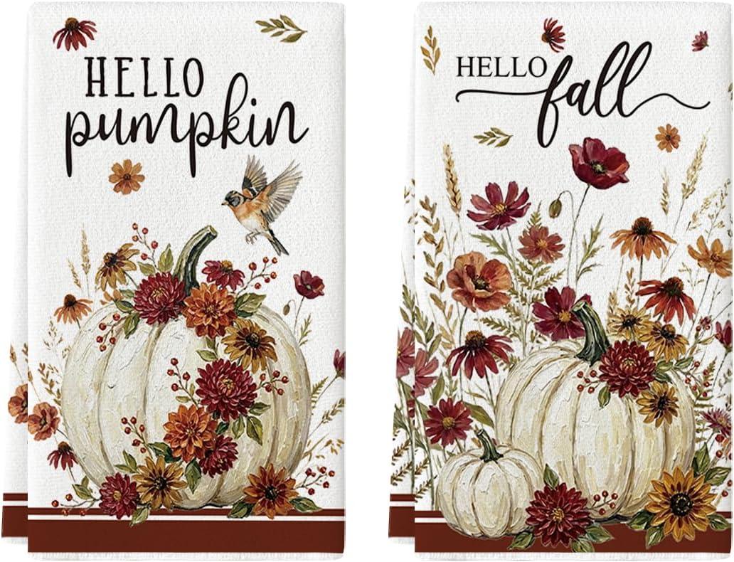2 x Artoid Mode Pumpkin Floral Bird Fall Kitchen Towels Set of 2 18x26 Inch
