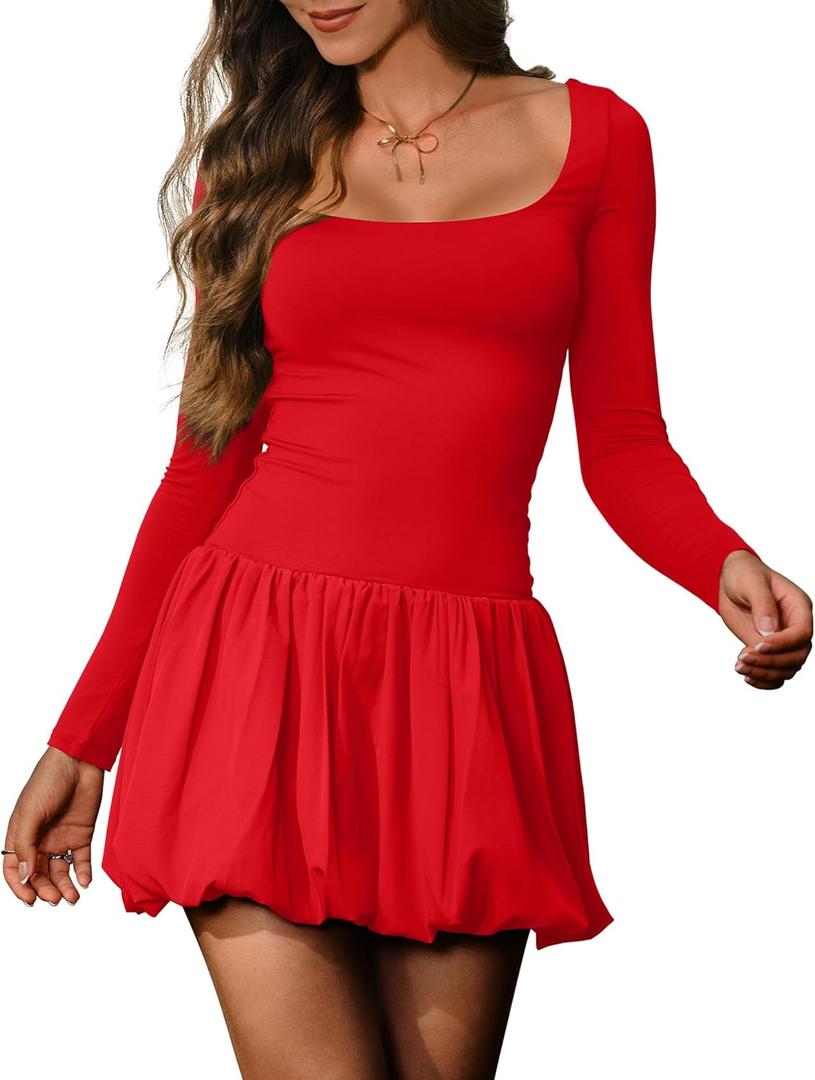 HYPERFIRE Women's Elegant Long Sleeve Scoop Neck Puff Bubble Mini Cocktail Dress Party Club (Red)