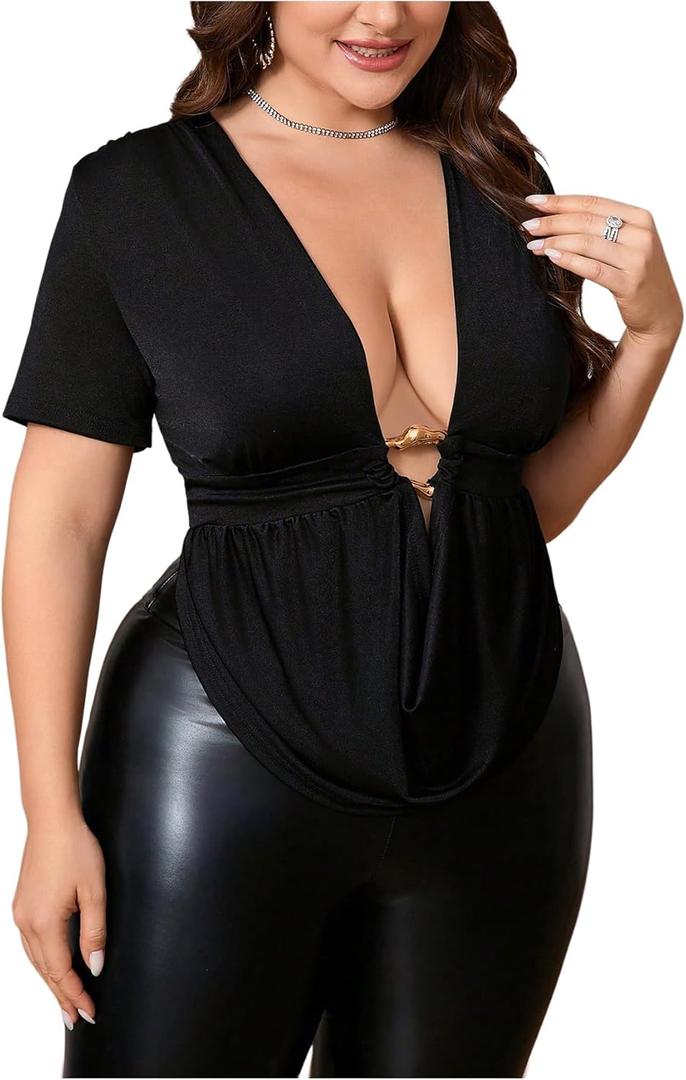 SOLY HUX Women's Plus Size Cowl Neck T Shirt Metal Decor Short Sleeve Going Out Tops (XX-Large Plus)