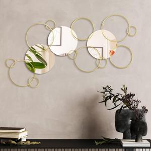 Hicarer 9 Pcs Split Decorative Wall Mirror Modern Metal Wall Decor DIY Wall Mirrors for Living Room Decor Circle Plates Overlapping Decorations Wall Decor Set for Hallway Entryway (Gold)