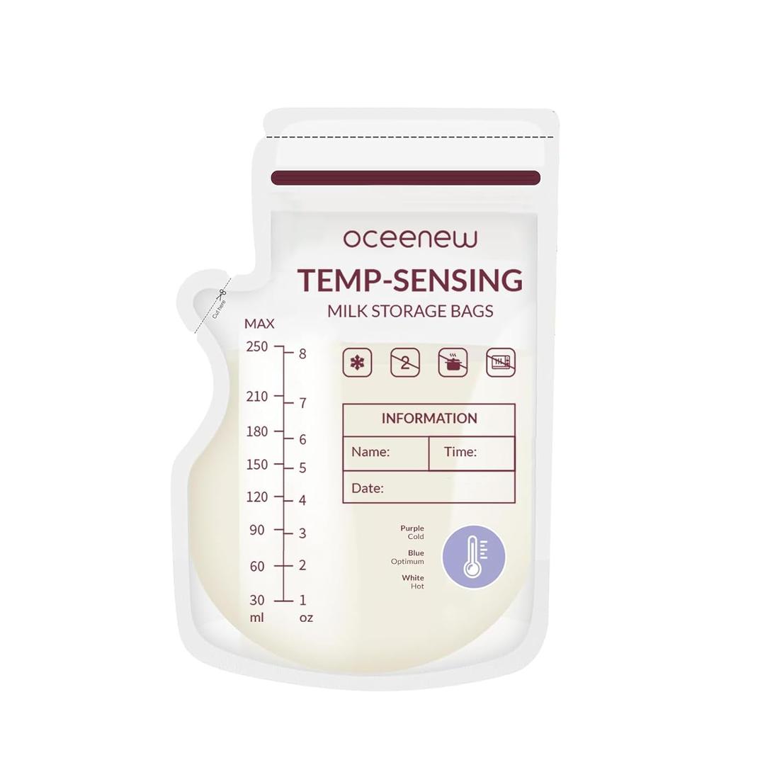 Breastmilk Storing Bags,Disposable Self Standing No-Leak Milk Storage Pouches,Temp-Sensing Discoloration Freezer Milk Storing Bags for Breastfeeding(8 Ounce 120pcs,BPA Free)