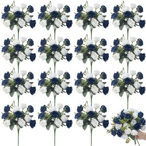 Zeyune 16 Bunches 12 Inch Artificial Mini Rose Bouquet 160 Heads Bridal Flower Bouquets Fake Silk Rose Bulk for Valentine's Day Wedding Bridal Shower Home Office Garden(Dark Blue and White)