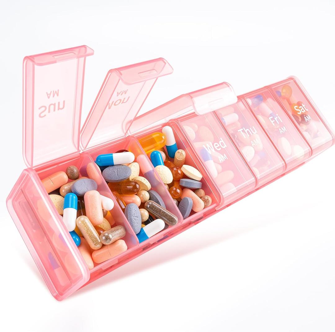 Daviky Extra Large Weekly Pill Organizer 2 Times a Day, XXL Pill Box 7 Day with AM PM Large Compartments, BPA-Free Daily Medicine Case, Jumbo Pill Holder for Fish Oils, Vitamins & Supplements (Pink)