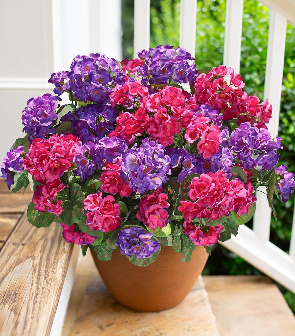Artificial Geranium Fake Flowers for Outdoors Decoration, 6 Bundles Silk Geraniums Flower UV Resistant Look Real Faux Plants for Front Door Garden Porch Planter Patio Balcony Yard Indoor Home, Mix (3 Fuchsia, 3 Purple)