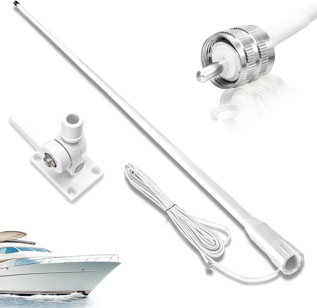 VHF Marine Radio Antenna Boat Fiberglass Antenna Waterproof 156-163MHz 43.5in with 22.9ft/7m RG58 Cable,PL259 Adapter,Adjustable Ratchet Fixed Mount Base Compatible for Cobra Uniden