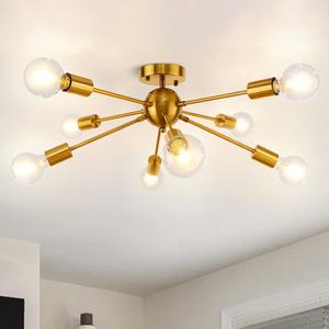 LynPon Gold Ceiling Light Fixture, 8 Lights Plating Golden Sputnik Semi Flush Mount Ceiling Lights, Brass Chandelier Kitchen Mid Century Lighting Fixture for Living Dining Room Bedroom Hallway