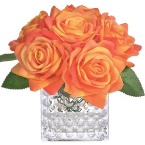 Fule Artificial Silk Rose Flower Centerpiece Arrangement in Glass Vase with LED Light for Home Wedding Decoration (Orange)